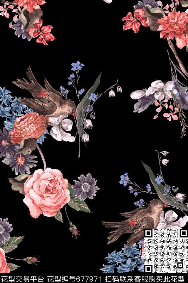 手绘鸟类花卉数码印花华亿平台下载（图片编号: 677971） - 瓦栏（Walan）