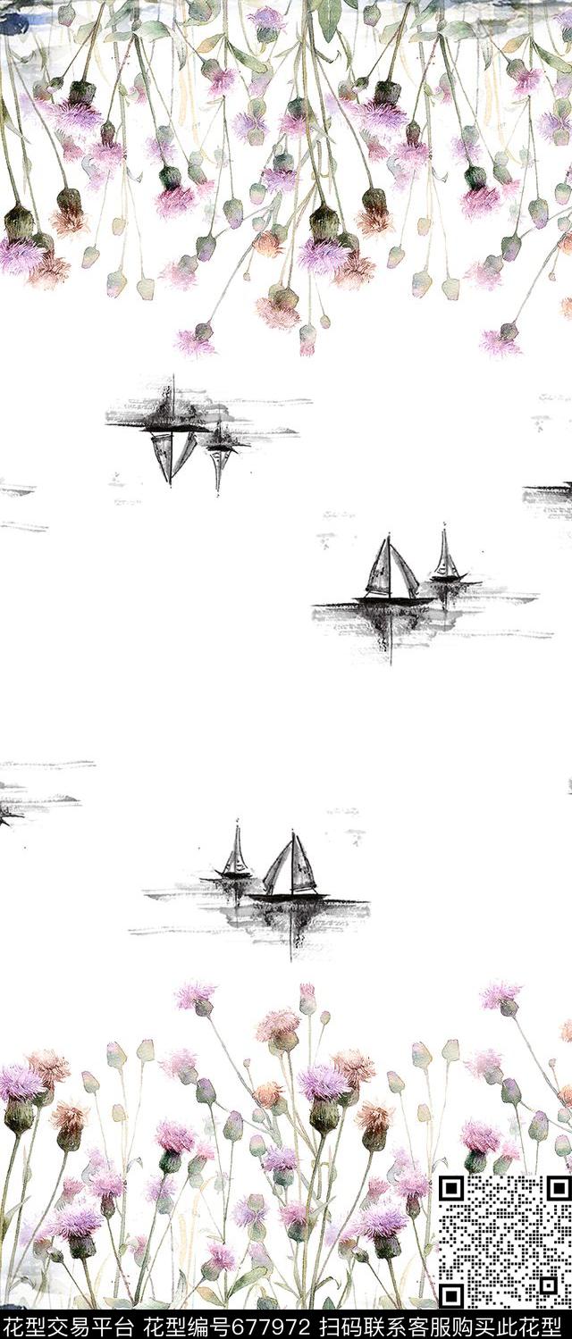 蒲公英水墨水彩数码印花华亿平台下载（图片编号: 677972） - 瓦栏（Walan）