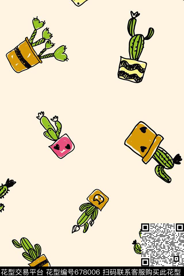 手绘平扁仙人掌数码印花华亿平台下载（图片编号: 678006） - 瓦栏（Walan）