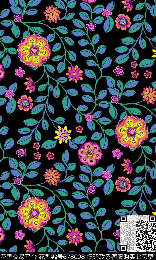 民族风花朵花卉传统印花华亿平台下载（图片编号: 678008） - 瓦栏（Walan）