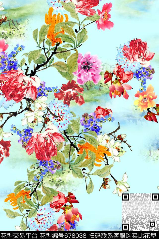 中国风水墨花卉数码印花华亿平台下载（图片编号: 678038） - 瓦栏（Walan）