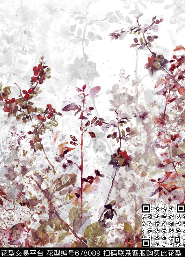 手绘花卉泼墨数码印花华亿平台下载（图片编号: 678089） - 瓦栏（Walan）