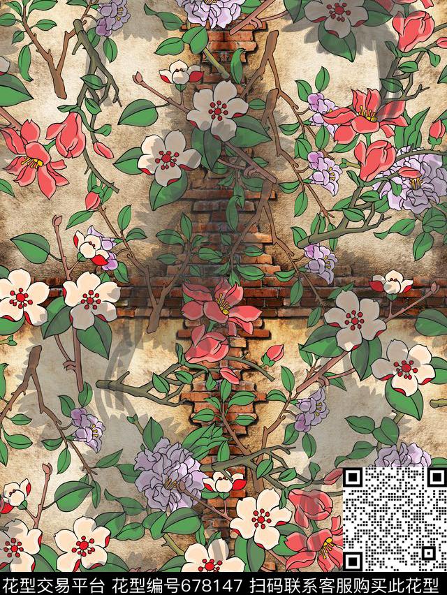 复古墙砖手绘花朵数码印花华亿平台下载（图片编号: 678147） - 瓦栏（Walan）