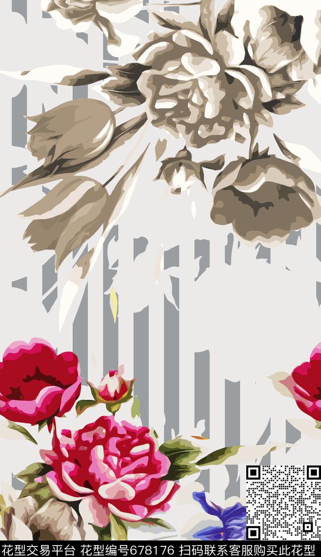 abstractflowerstripe数码印花华亿平台下载（图片编号: 678176） - 瓦栏（Walan）