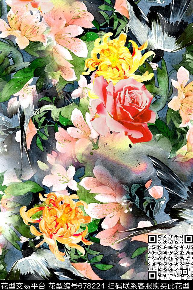 花卉水彩数码印花华亿平台下载（图片编号: 678224） - 瓦栏（Walan）
