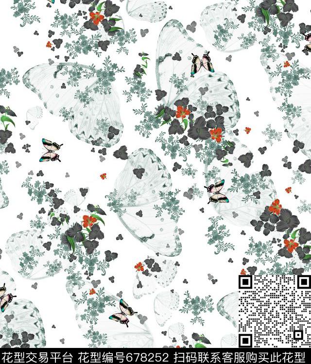 花卉抽象花卉抽象蝴蝶数码印花华亿平台下载（图片编号: 678252） - 瓦栏（Walan）