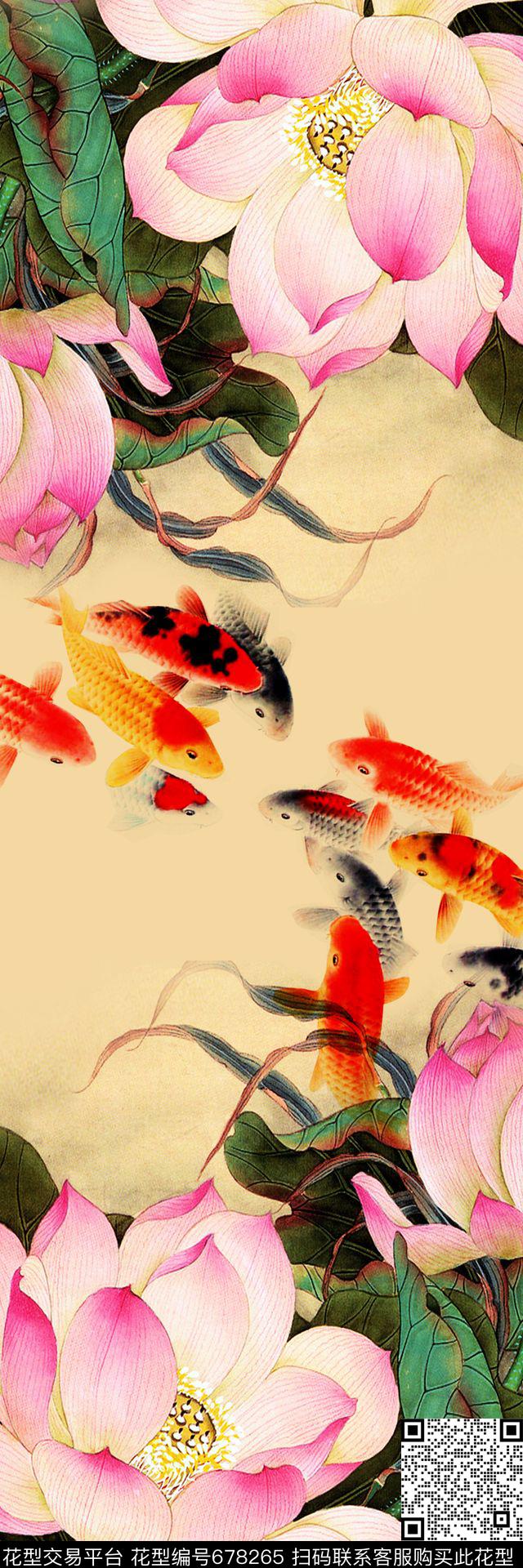 中国风荷花长围巾鲤鱼荷花长丝巾数码印花华亿平台下载（图片编号: 678265） - 瓦栏（Walan）