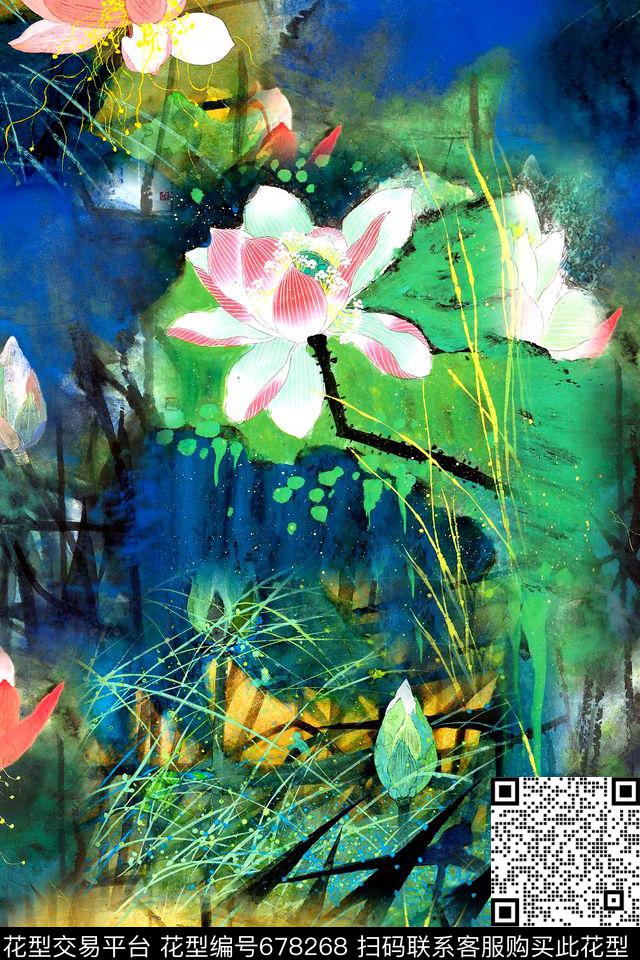 清爽大花水墨荷花手绘荷花数码印花华亿平台下载（图片编号: 678268） - 瓦栏（Walan）