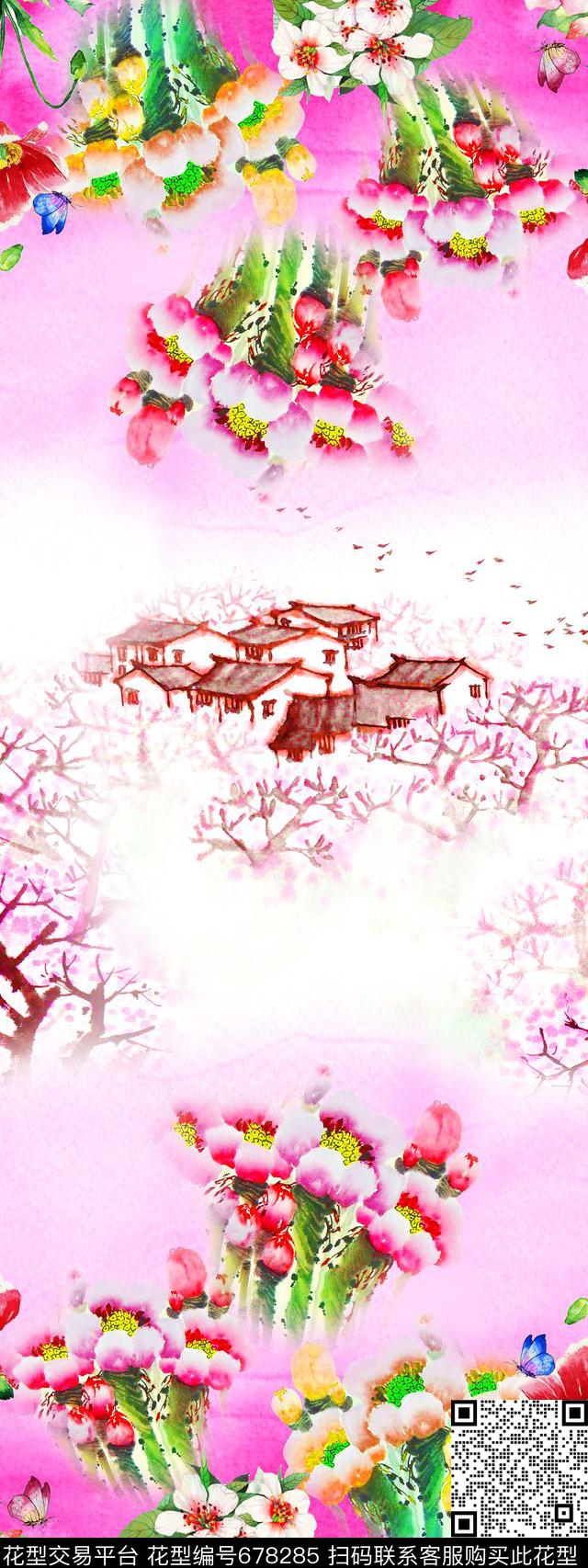 花朵花卉水墨数码印花华亿平台下载（图片编号: 678285） - 瓦栏（Walan）