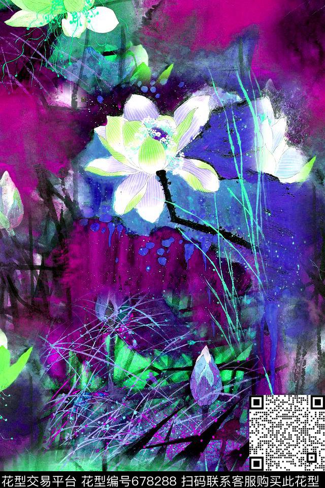清爽大花水墨荷花手绘荷花数码印花华亿平台下载（图片编号: 678288） - 瓦栏（Walan）