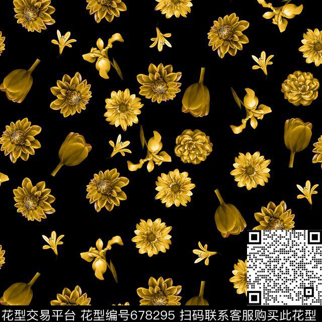 菊花向日葵花朵数码印花华亿平台下载（图片编号: 678295） - 瓦栏（Walan）