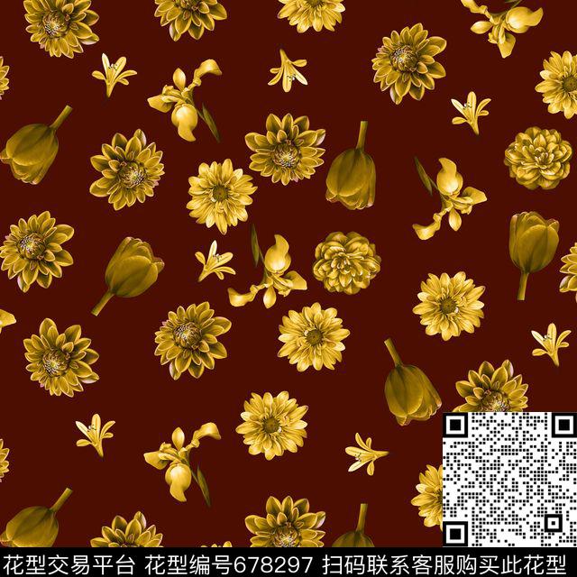 菊花向日葵花朵数码印花华亿平台下载（图片编号: 678297） - 瓦栏（Walan）