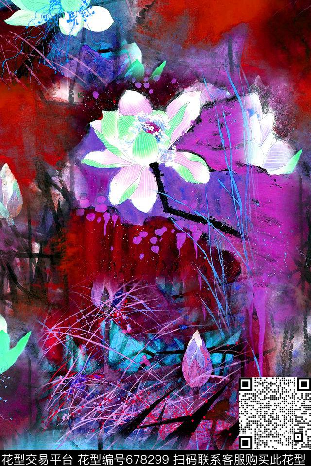清爽大花水墨荷花手绘荷花数码印花华亿平台下载（图片编号: 678299） - 瓦栏（Walan）