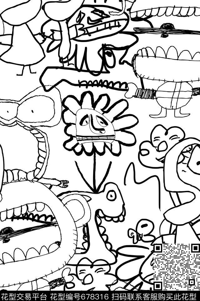 趣味涂鸦抽象传统印花华亿平台下载（图片编号: 678316） - 瓦栏（Walan）