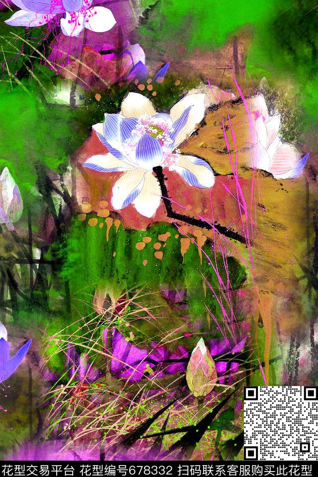 清爽大花水墨荷花手绘荷花数码印花华亿平台下载（图片编号: 678332） - 瓦栏（Walan）