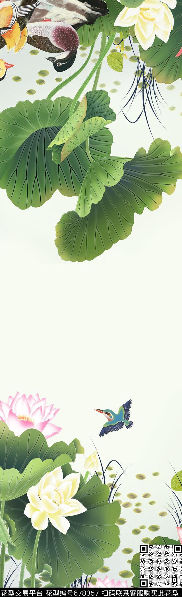 荷花花朵中国风长丝巾数码印花华亿平台下载（图片编号: 678357） - 瓦栏（Walan）