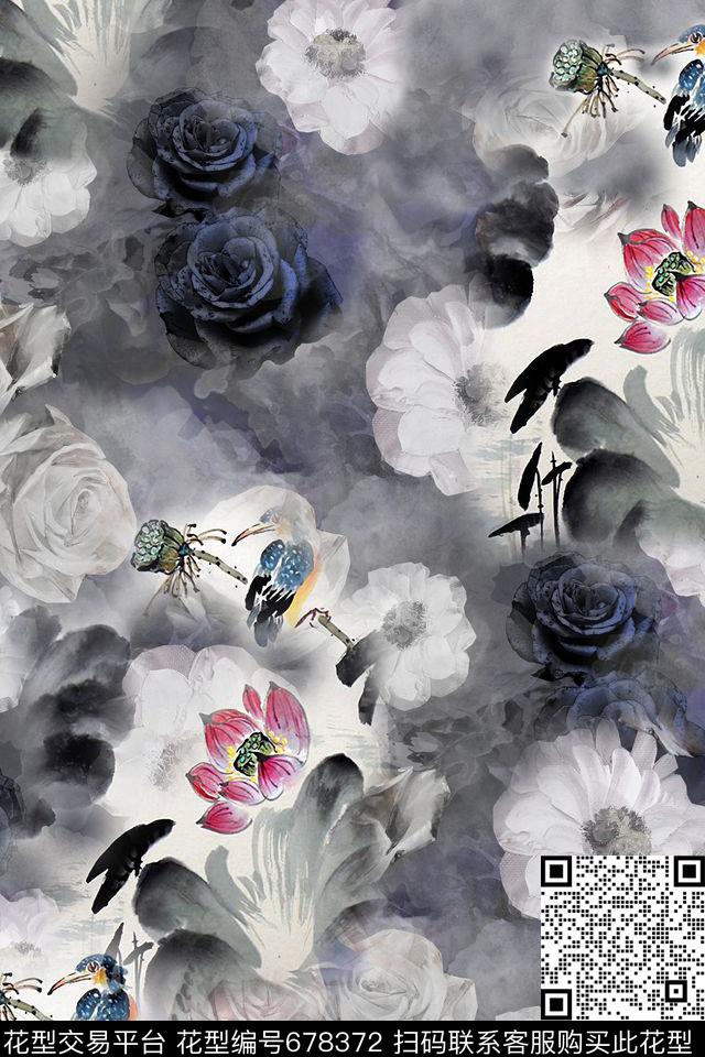 抽象花卉水墨荷花水墨风数码印花华亿平台下载（图片编号: 678372） - 瓦栏（Walan）