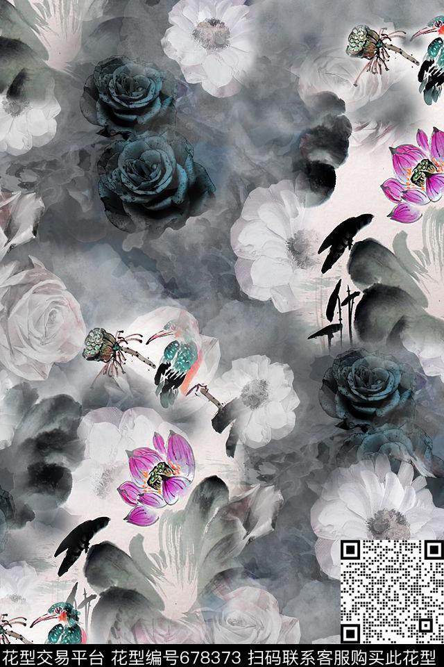 抽象花卉水墨荷花数码印花华亿平台下载（图片编号: 678373） - 瓦栏（Walan）