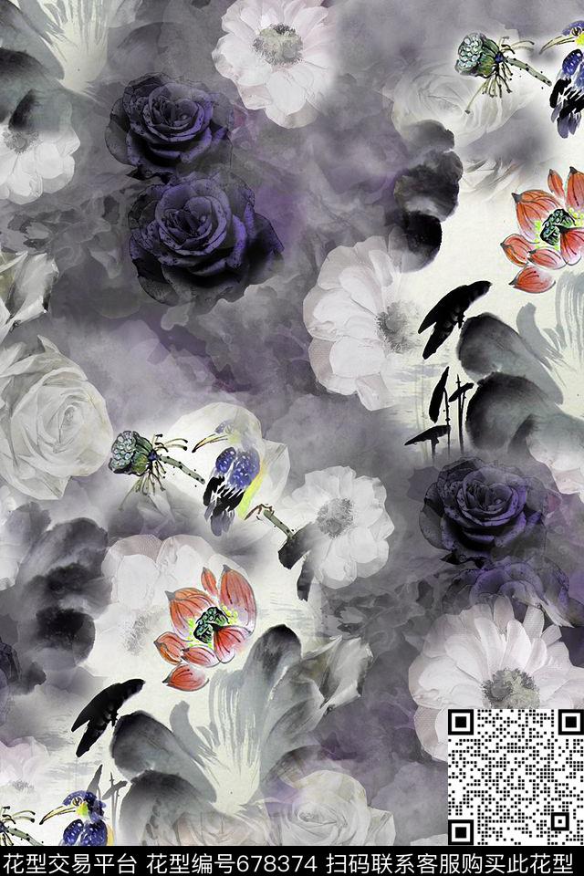 抽象花卉水墨荷花数码印花华亿平台下载（图片编号: 678374） - 瓦栏（Walan）