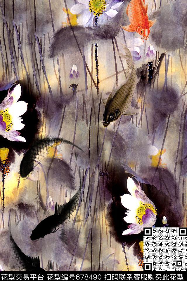 清爽大花水墨荷花手绘荷花数码印花华亿平台下载（图片编号: 678490） - 瓦栏（Walan）