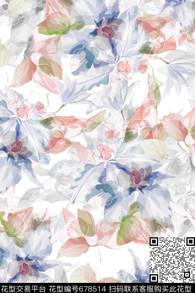 水彩花卉大花花卉数码印花华亿平台下载（图片编号: 678514） - 瓦栏（Walan）
