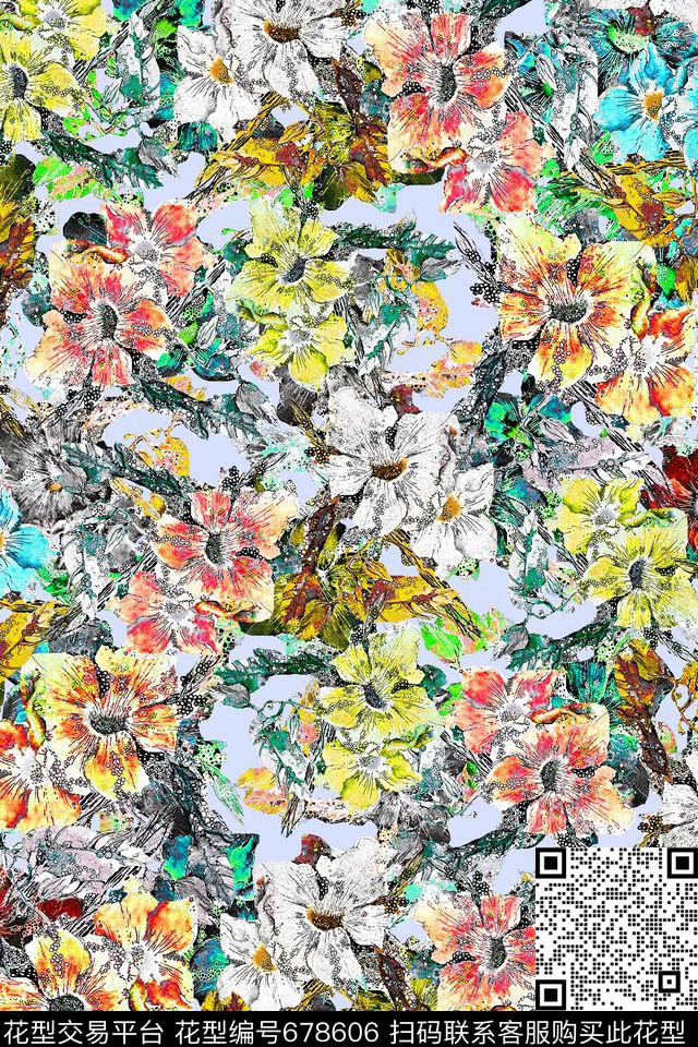 水彩花卉小花数码印花华亿平台下载（图片编号: 678606） - 瓦栏（Walan）