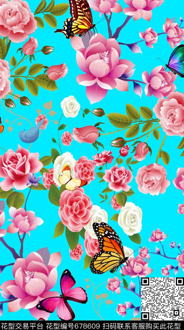 花鸟玫瑰大花数码印花华亿平台下载（图片编号: 678609） - 瓦栏（Walan）