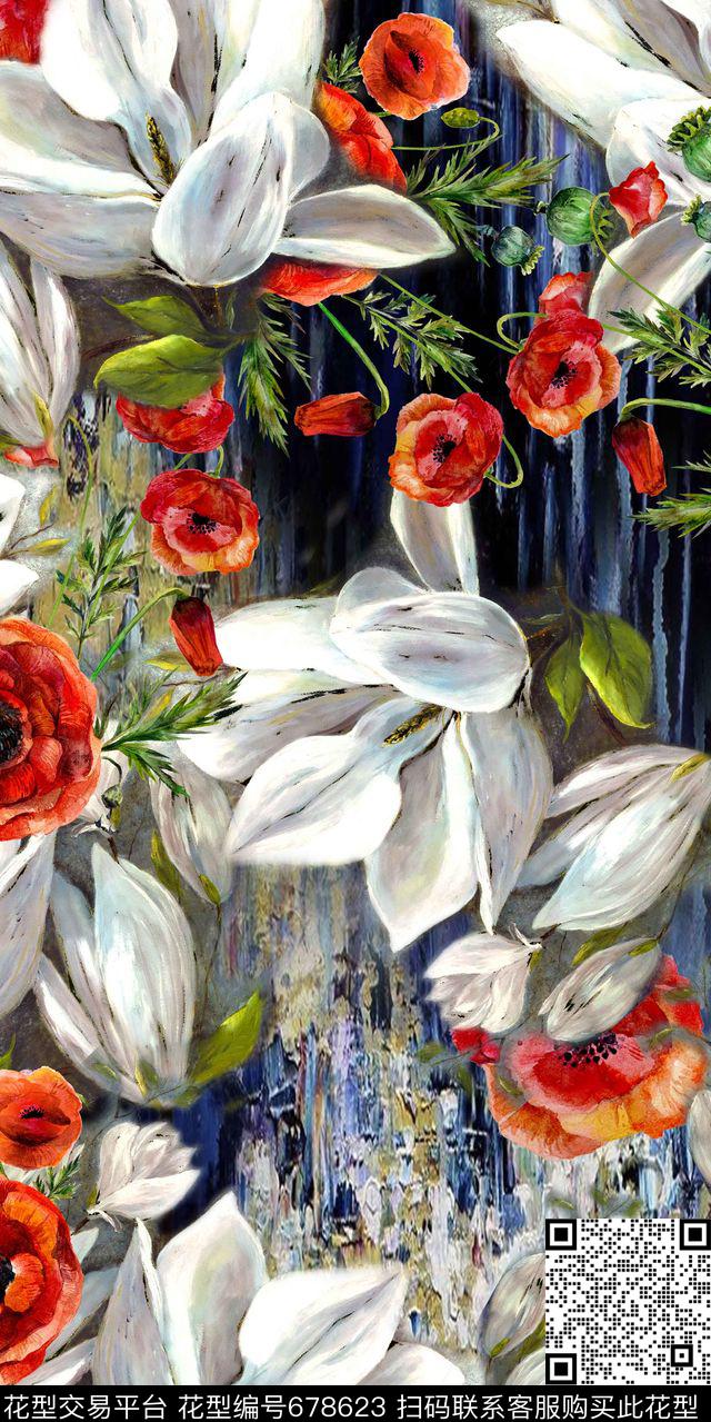 乱花大花花朵数码印花华亿平台下载（图片编号: 678623） - 瓦栏（Walan）