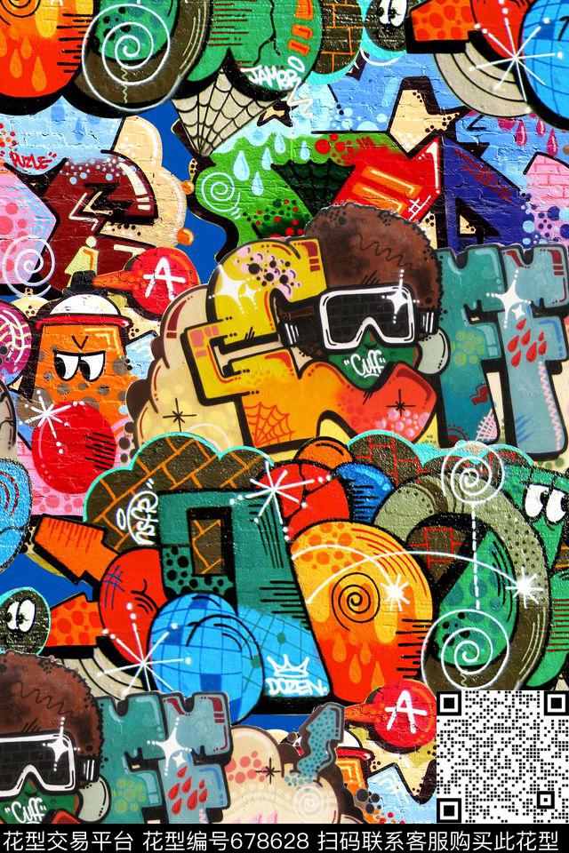 抽象几何涂鸦数码印花华亿平台下载（图片编号: 678628） - 瓦栏（Walan）
