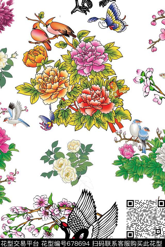 鹤花鸟花卉数码印花华亿平台下载（图片编号: 678694） - 瓦栏（Walan）
