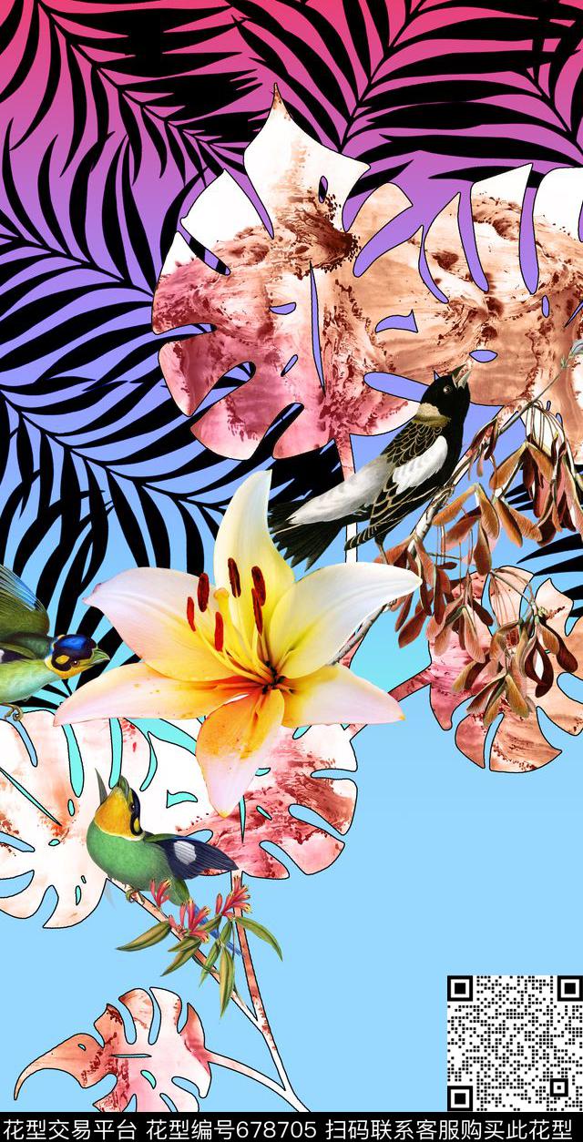 花卉、树叶、渐变数码印花华亿平台下载（图片编号: 678705） - 瓦栏（Walan）