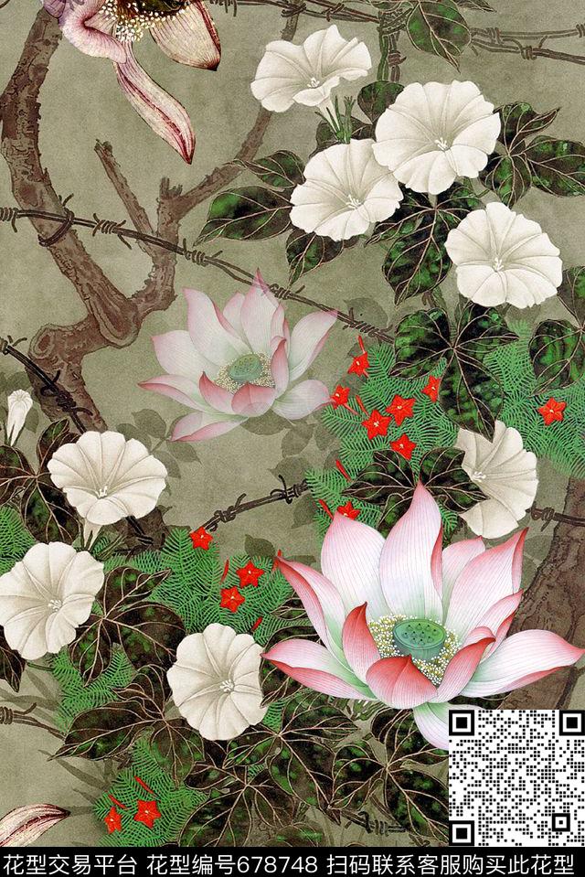 面料花荷花流行时尚循环回位四方连续数码印花华亿平台下载（图片编号: 678748） - 瓦栏（Walan）