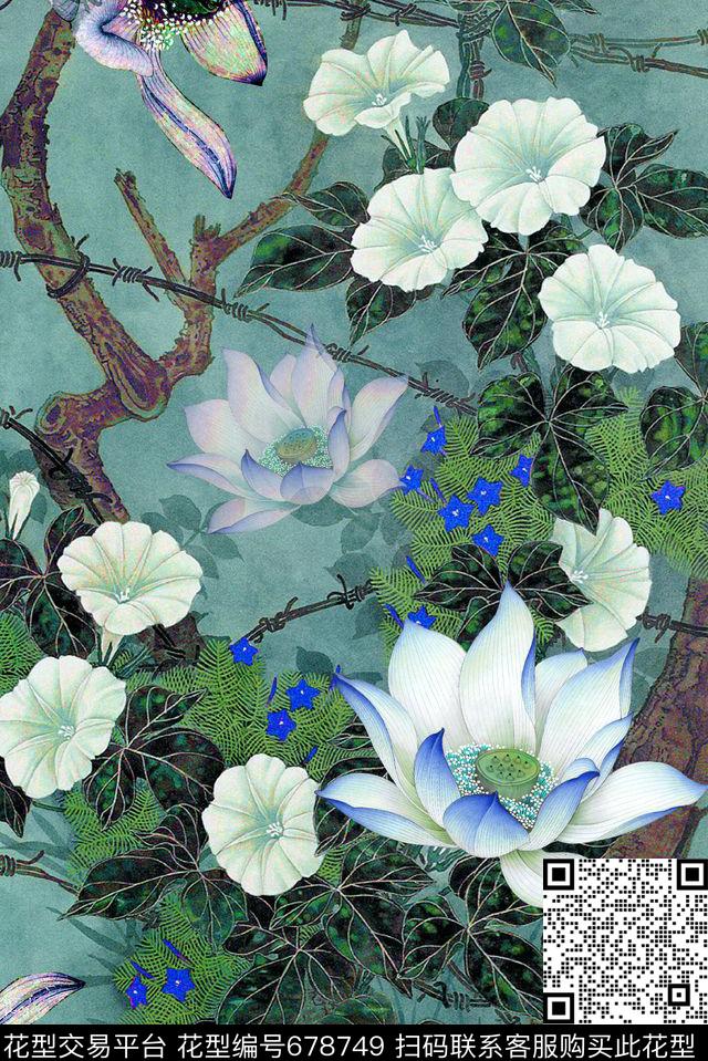 面料花荷花流行时尚循环回位四方连续数码印花华亿平台下载（图片编号: 678749） - 瓦栏（Walan）