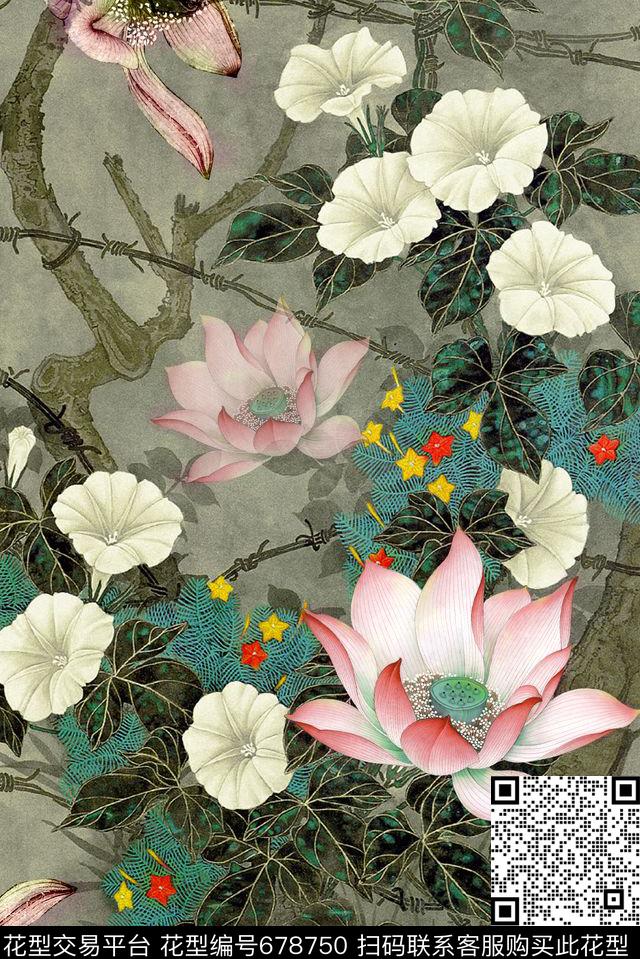 面料花荷花流行时尚循环回位四方连续数码印花华亿平台下载（图片编号: 678750） - 瓦栏（Walan）