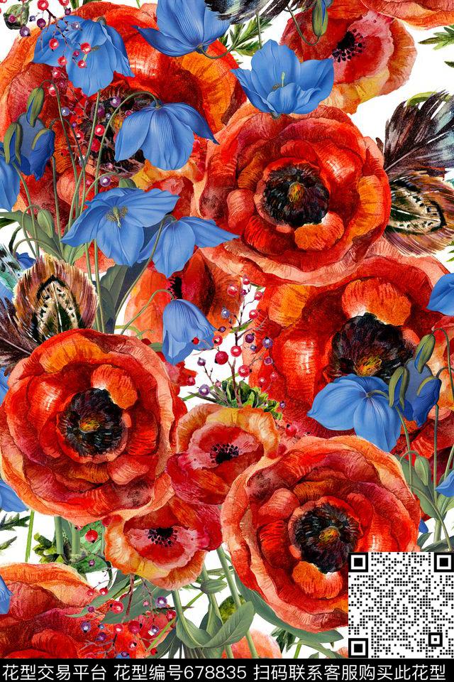 手绘水彩花卉数码印花华亿平台下载（图片编号: 678835） - 瓦栏（Walan）