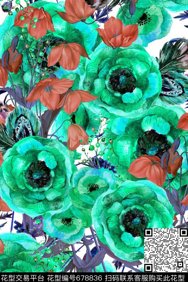 手绘水彩花卉数码印花华亿平台下载（图片编号: 678836） - 瓦栏（Walan）