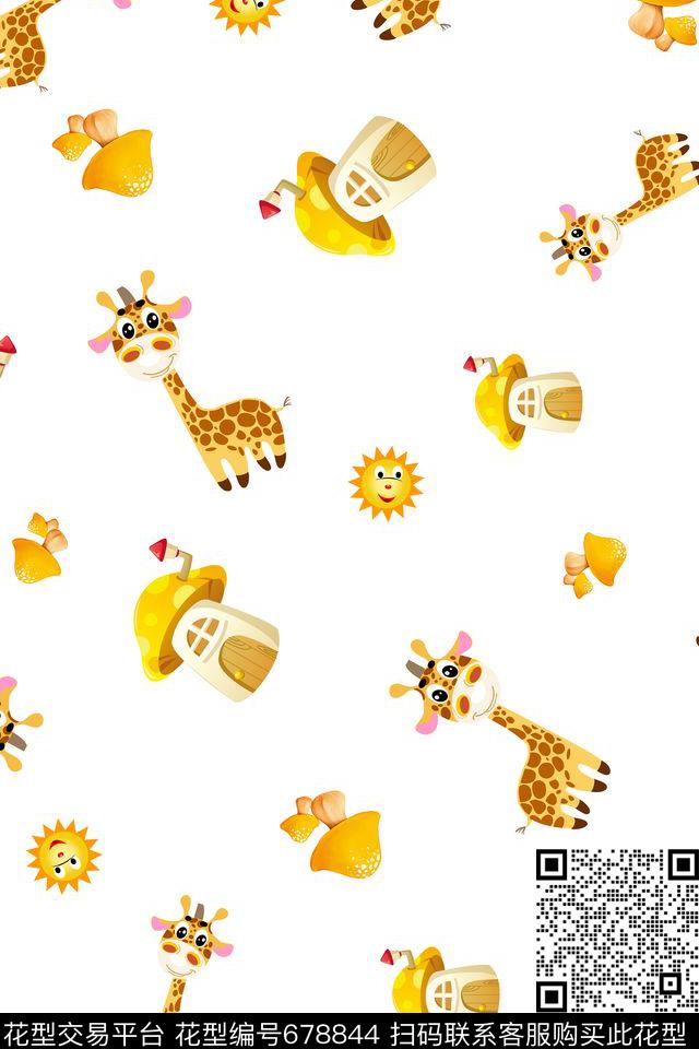 儿童画长颈鹿太阳传统印花华亿平台下载（图片编号: 678844） - 瓦栏（Walan）