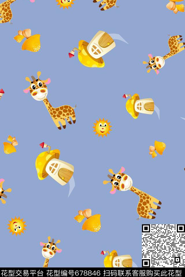 儿童画长颈鹿太阳传统印花华亿平台下载（图片编号: 678846） - 瓦栏（Walan）