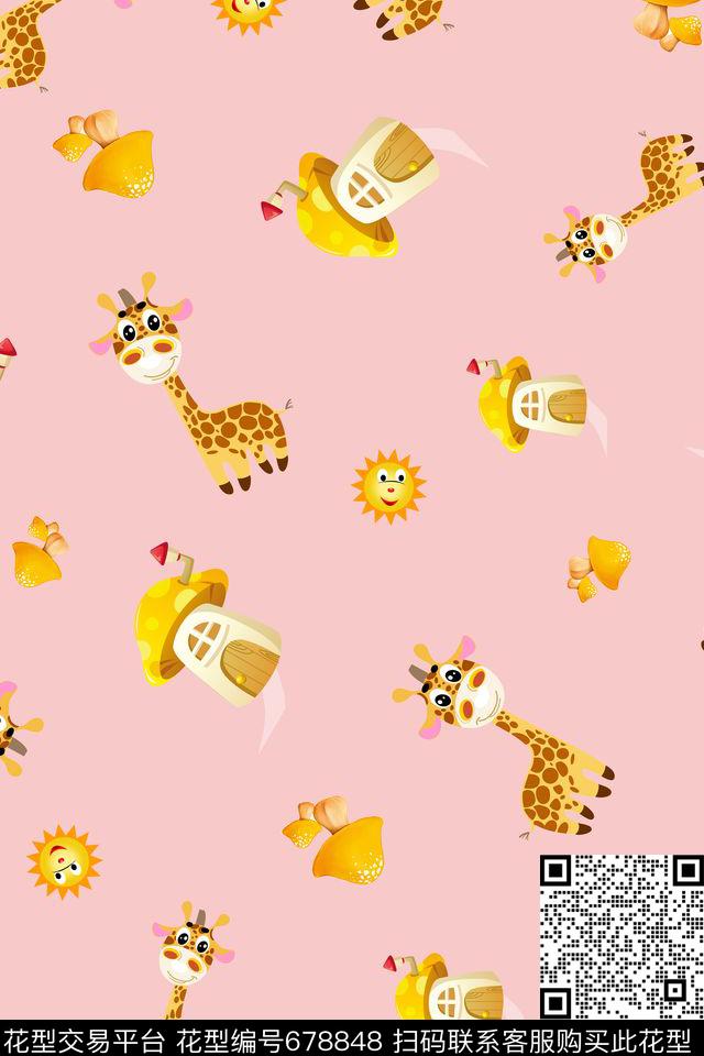 儿童画长颈鹿太阳传统印花华亿平台下载（图片编号: 678848） - 瓦栏（Walan）