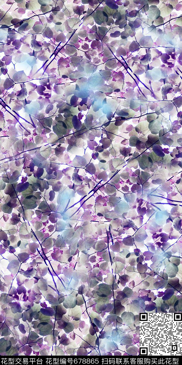 树叶紫藤花清爽云纹数码印花华亿平台下载（图片编号: 678865） - 瓦栏（Walan）
