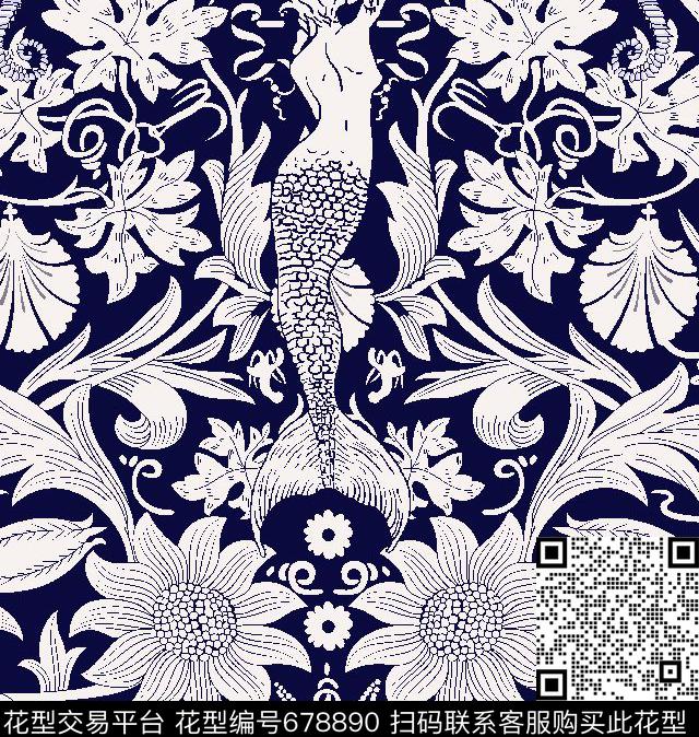美人鱼线条花卉传统印花华亿平台下载（图片编号: 678890） - 瓦栏（Walan）