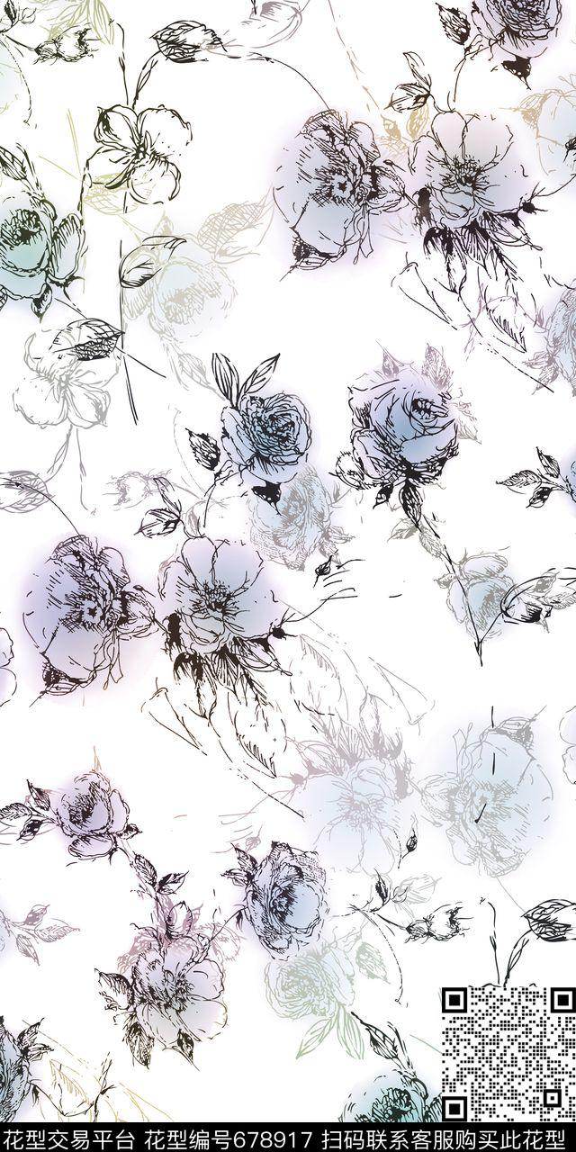 乱花手绘花卉数码印花华亿平台下载（图片编号: 678917） - 瓦栏（Walan）