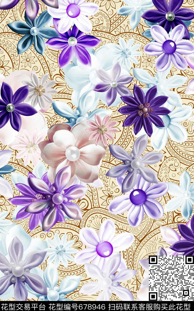 三色堇花朵花簇数码印花华亿平台下载（图片编号: 678946） - 瓦栏（Walan）
