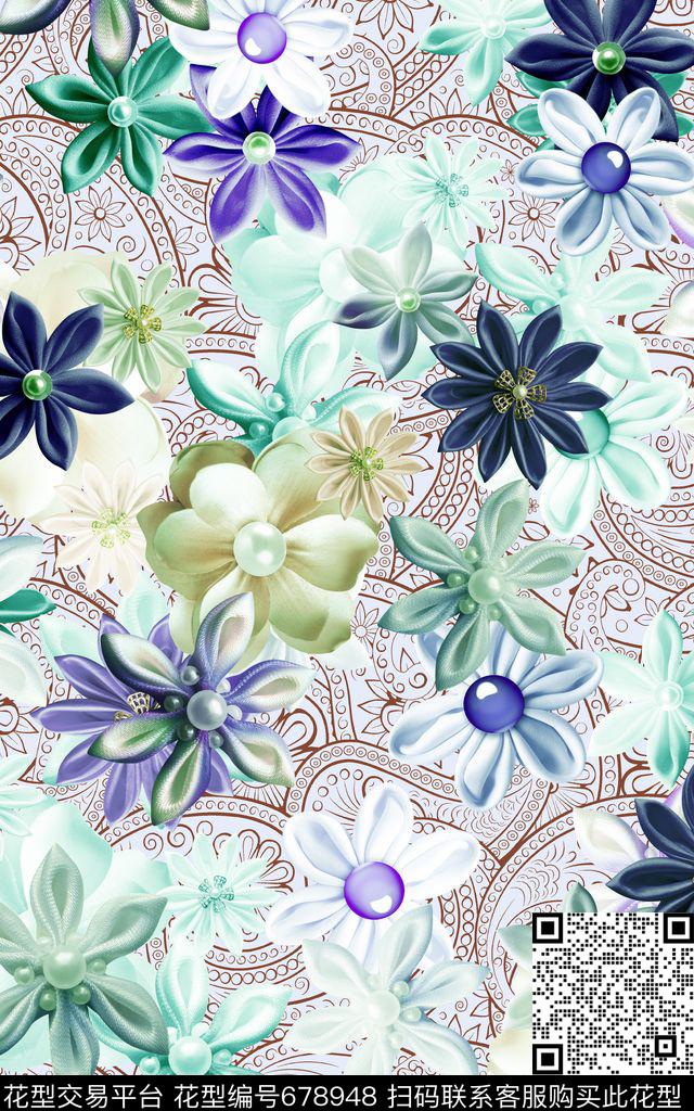 三色堇花朵花簇数码印花华亿平台下载（图片编号: 678948） - 瓦栏（Walan）