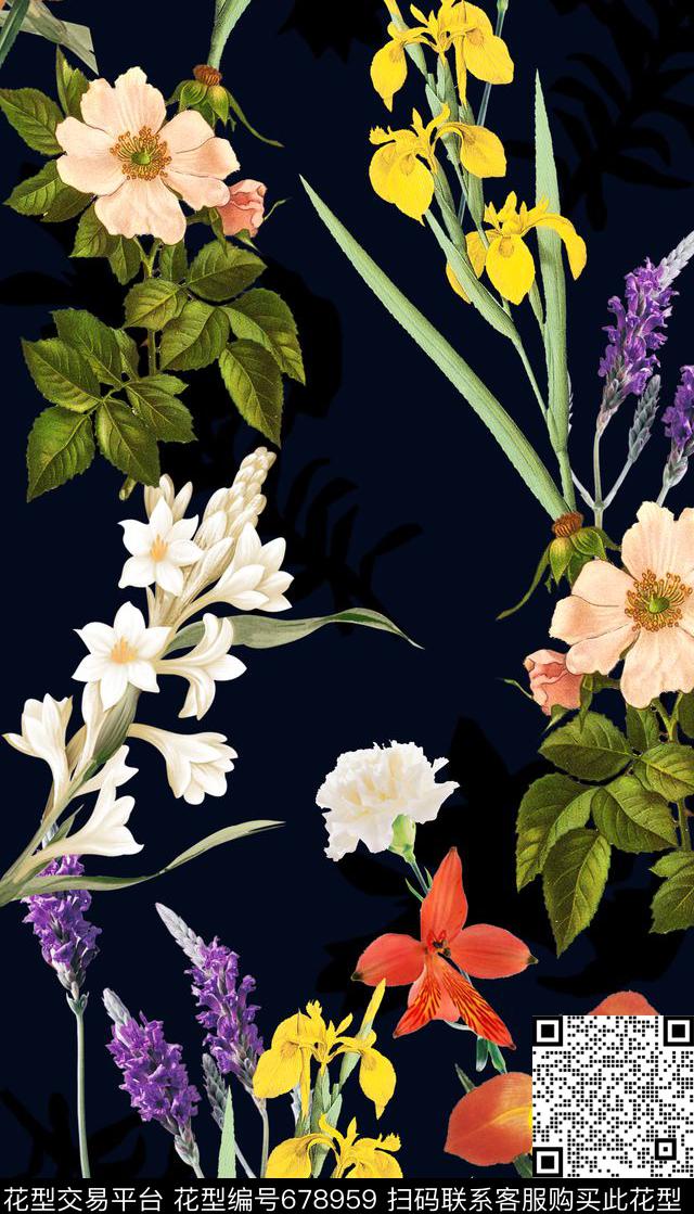 多种花卉艳丽富贵时尚复古数码印花华亿平台下载（图片编号: 678959） - 瓦栏（Walan）