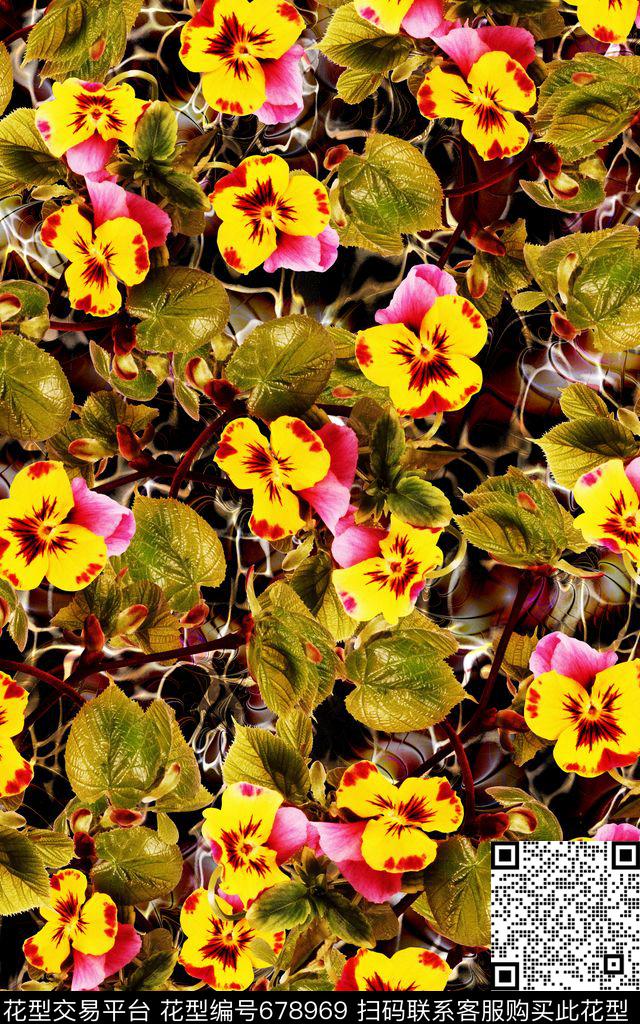 三色堇花朵花簇数码印花华亿平台下载（图片编号: 678969） - 瓦栏（Walan）