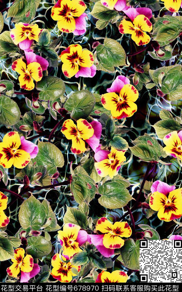 三色堇花朵花簇数码印花华亿平台下载（图片编号: 678970） - 瓦栏（Walan）