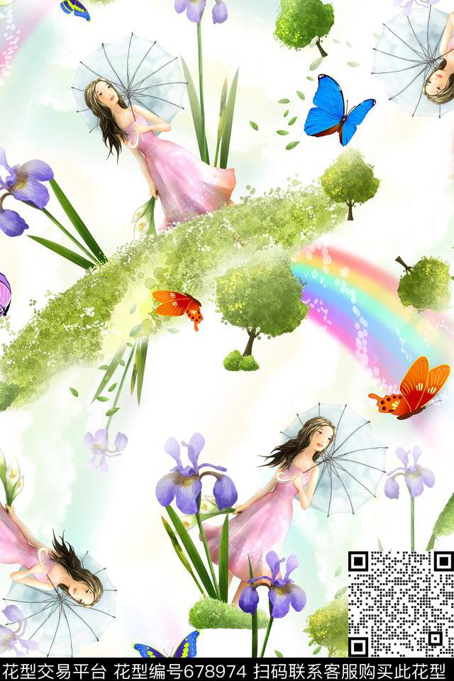儿童画蝴蝶花绿草数码印花华亿平台下载（图片编号: 678974） - 瓦栏（Walan）