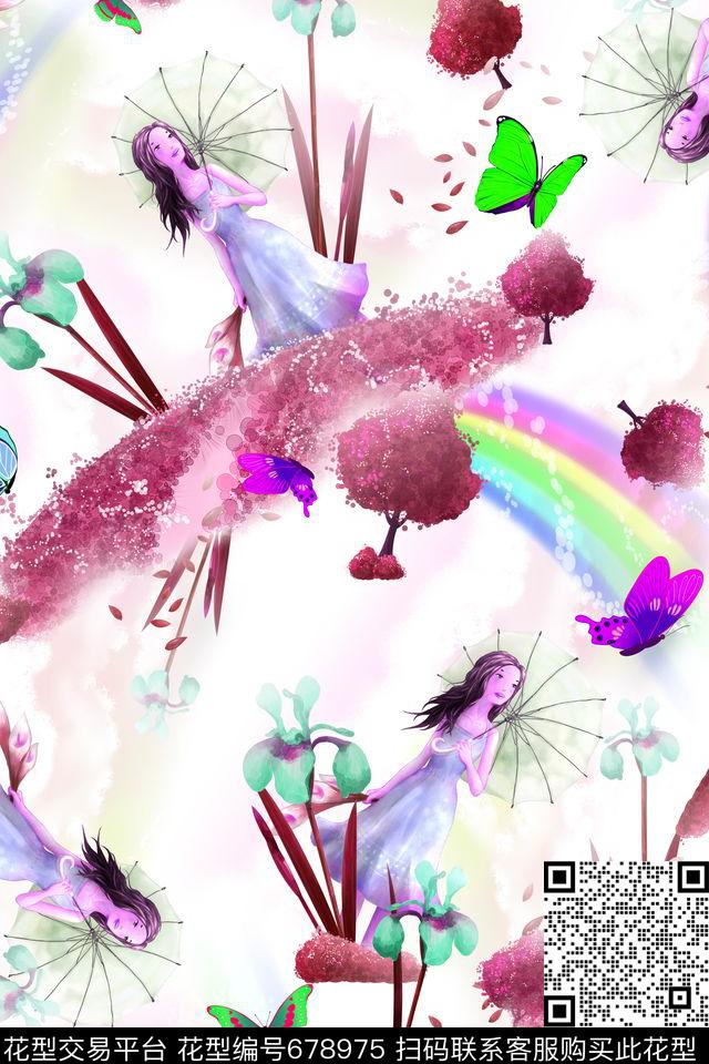 儿童画蝴蝶花绿草数码印花华亿平台下载（图片编号: 678975） - 瓦栏（Walan）