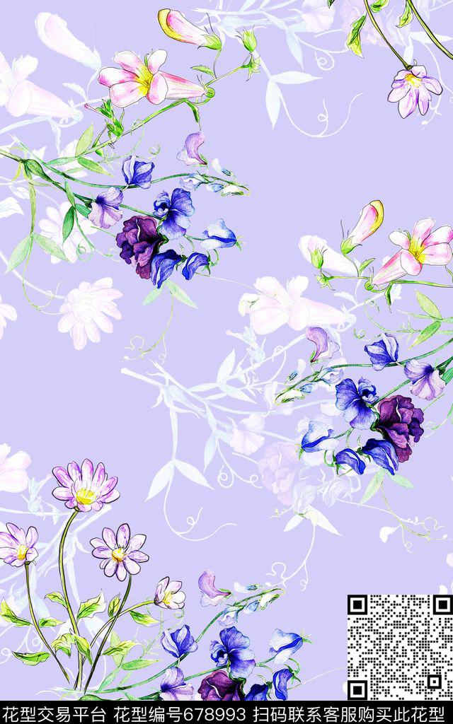 三色堇花朵花簇数码印花华亿平台下载（图片编号: 678993） - 瓦栏（Walan）